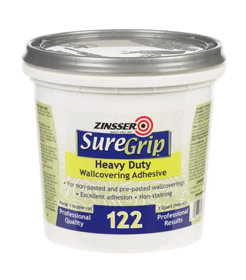 Heavy Duty Clear Strippable Wallcovering Adhesive For Standard Lightweight To Heavyweight Wallpapers That Dries Clear And Holds Like A Champ With Strong Wet Tack And Smooth Slip Excellent Adhesion And Easy Repositioning Quart Size, image shows quart size container of SureGrip 122 adhesive.