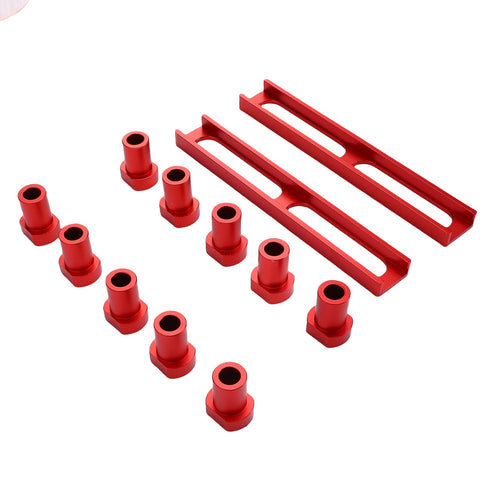 Three Quarter Inch Aluminum Bench Dog Set For 19mm MFT Table Holes With Non Slip Pad And Positioning Block, red color.