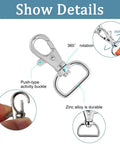 Top Shelf 60 Piece Bag Making Hardware Kit Featuring Swivel Snap Hooks D Rings Slide Buckles For Handbag Repairs Backpack Fasteners And Totally Sweet DIY Craft Builds In Polished Silver, showcasing a swivel snap hook with 360° rotation.