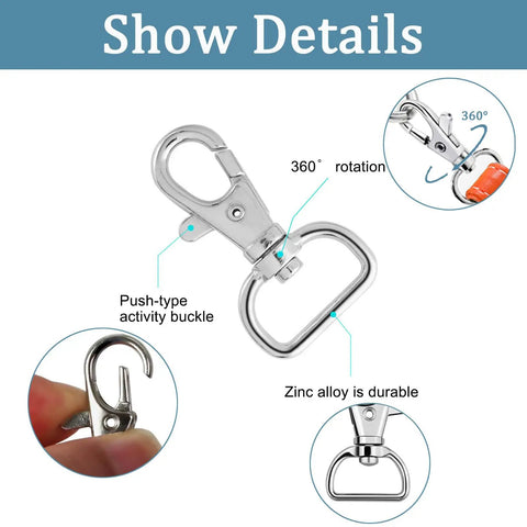 Top Shelf 60 Piece Bag Making Hardware Kit Featuring Swivel Snap Hooks D Rings Slide Buckles For Handbag Repairs Backpack Fasteners And Totally Sweet DIY Craft Builds In Polished Silver, showcasing a swivel snap hook with 360° rotation.