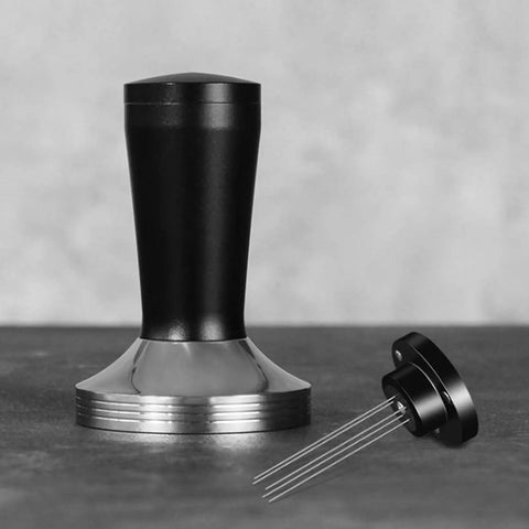 Pro Grade 58 Millimeter Espresso Tamper Plus Five Pin Coffee Distributor Needle Tool Two In One Ground Press Barista Kit on countertop.