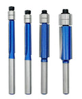 Killer 4Piece Flush Trim Router Bits Set Featuring Rock Solid Carbide Cutters And Dual Ball Bearing Guides That Craft Smoother Than Butter Edges And Flawless Flush Cuts Daily, showing four router bits with blue shafts.