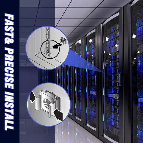 100 Pack M6 Rack Mount Cage Nuts 304 Stainless Steel shown installing in server rack, highlighting precision snap fit clips usage.