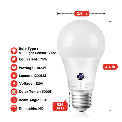 Dusk To Dawn Outdoor LED Light Bulb With Sensor, 75 Watt Equivalent, 1200 Lumens, 5000K Daylight, Auto On Off, A19 Bulb dimensions
