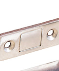 Super Sleek No Damage Cabinet Door Catches With Screws for Wardrobe And Drawer close-up of silver steel catch hardware with two holes.