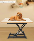 Built Like A Tank Electric Scissor Lift Table With Hella Sturdy Three Hundred Fifty Pound Capacity with wooden top and dog.