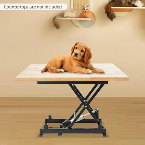 Built Like A Tank Electric Scissor Lift Table With Hella Sturdy Three Hundred Fifty Pound Capacity with wooden top and dog.