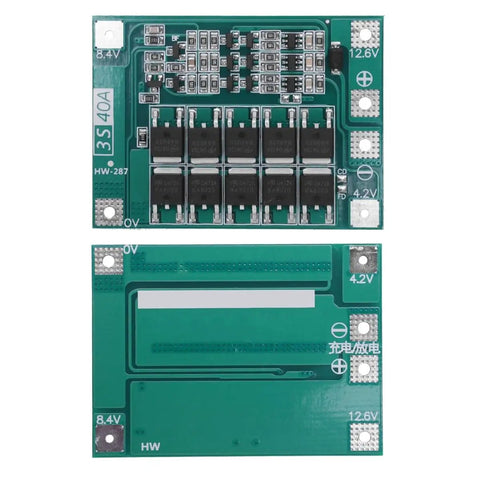 Rock Solid 3S Lithium Battery Protection Board Balancing Charger Module for 18650 Cells, top and bottom view, 40A rating.