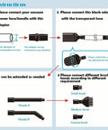 Instructions for All In One Micro Cleaning Kit For Vacuums, showing connection steps with diagrams, adapter, hose, and brush attachments.
