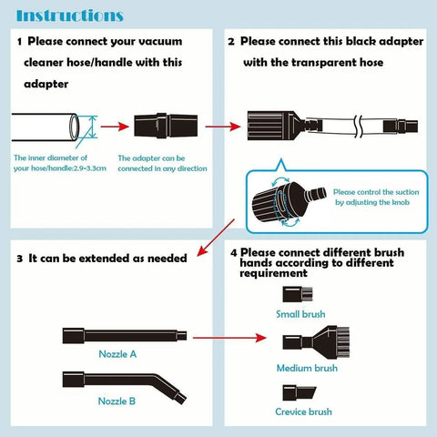 Instructions for All In One Micro Cleaning Kit For Vacuums, showing connection steps with diagrams, adapter, hose, and brush attachments.