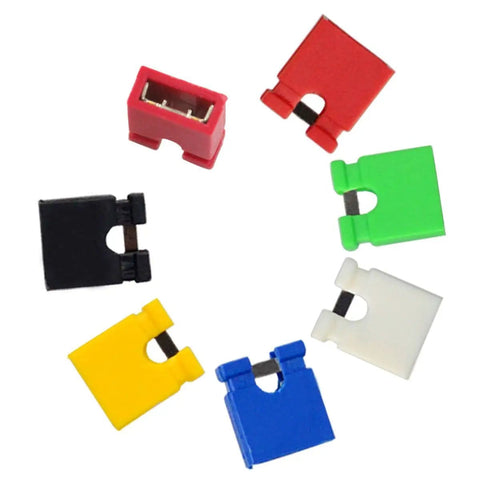 600 Jumper Caps Kit With 2.54mm Spacing Six Color Jumpers For PCB Projects Ideal For DIYers Arduino Raspberry Pi Shorting Bridge Caps For Motherboards HDD DVD And Other Electronics, showing six colorful caps in a circle.