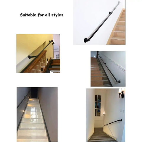 Rock Solid Adjustable Stair Banister Handrail One To Twenty Feet Indoor Outdoor Loft Railing With Hella Smooth Wrought Iron Galvanized Pipe And Industrial Wall Mounted Non Slip Safety Grip Heavy Duty Metal in various stairways.