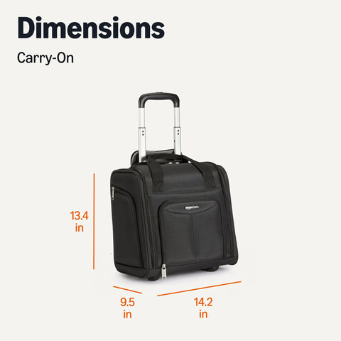 Amazon Basics underseat carry-on luggage, black 14-inch rolling bag with handle, front view.