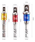 3Pcs Hex Shank To Square Built Tough Heavy Duty Socket Adapter Set With Impact Grade Build Anti Slip Detent Ball shown in gold, red, blue.