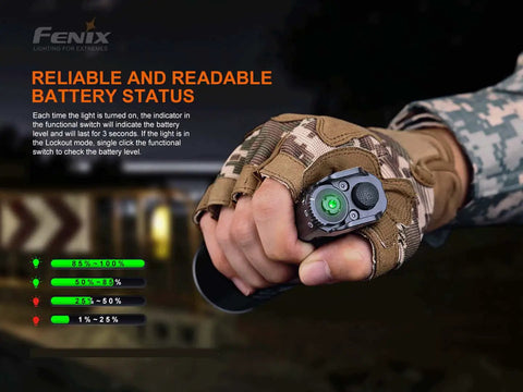 Gloved hand holding Beast Mode 5000 Lumen Flashlight With 437 Yard Throw, power indicators visible, tactical setting demonstration