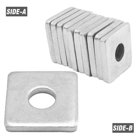 20 Piece Carbon Steel Square Shims For One And Five Eighth Inch Strut Channel And One Half Inch Bolted Joints Built Tough Heavy Duty Construction And Repair Shim Set For Even Load Distribution And Stable Connections, showing stacked shims with central holes from side A and B view.