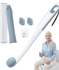Butt Wiper Tool With Replaceable Head And 16.5 Inch Handle Locking Mushroom Head Toilet Aid in use by elderly woman in bathroom.
