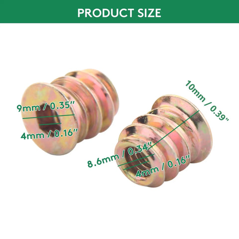 Twenty Pack M4x10mm Threaded Inserts For Wood, Tough As Nails Carbon Steel screw in furniture nuts displayed with sizes.