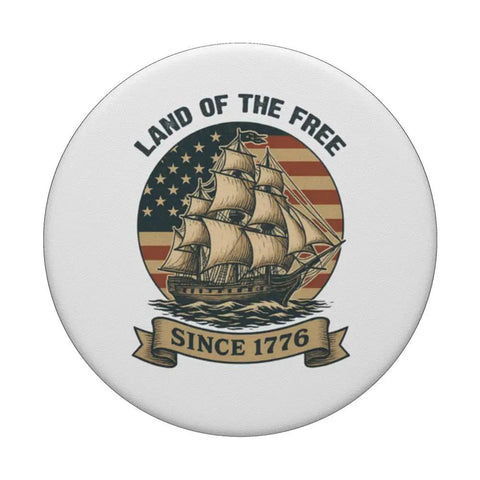 Retro Sailboat Patriotic Flag Phone Grip Adhesive Accessory For Fourth Of July Celebrations With Red White And Blue Americana Vibes Easy On Case Grip For iPhone And Android Durable Reusable Pop Socket with classic ship design