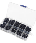 320 Piece M2.5 Nylon Hex Spacer Standoff Kit With Screws And Nuts In Black For DIYers And Makers in plastic storage box, assorted sizes.