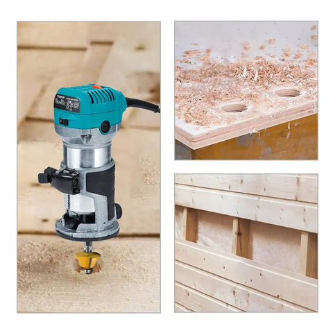 Dope Compact Palm Router With Trimmer And Fixed Base, performing edge trimming on a wooden board, highlighting wood shavings.