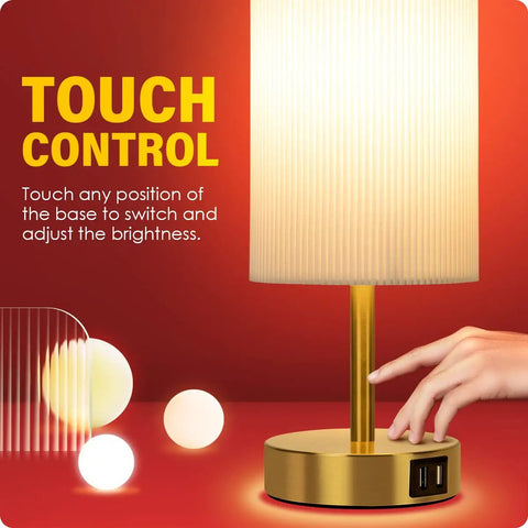 Touch Control Bedside Lamp With USB Port For Bedroom Wood Nightstand Light 3 Way Dimmable Desk Table Lamp with pleated shade