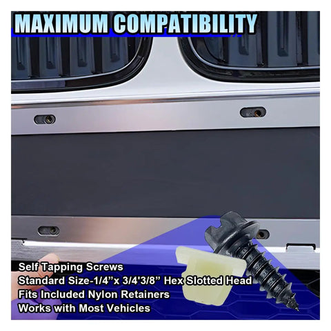 Heavy Duty Stainless Steel License Plate Screw Kit With Self Tapping Bolts And Nylon Inserts For Securing Car Plate Frames Or Covers Rust Proof Black Fasteners Easy Install 4 Sets shown with car grille and highlighted bolt