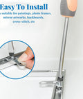 Close-up of 18 Pcs Silver Metal Picture Frame Hardware Kit installation with screwdriver on corner bracket.