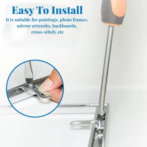 Close-up of 18 Pcs Silver Metal Picture Frame Hardware Kit installation with screwdriver on corner bracket.