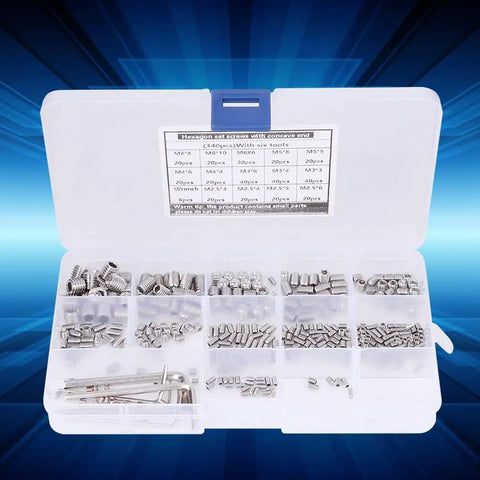 340 Piece Stainless Steel Set Screw Kit With Hex Adapters And Six Wrenches For M2.5 To M8 Machine Screws in open plastic case