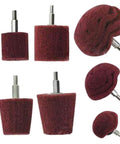 7 Piece Red Non Woven Abrasive Drill Buffing Attachment Set with One Quarter Inch Shank, Assorted Shaped Grinding Heads on display.