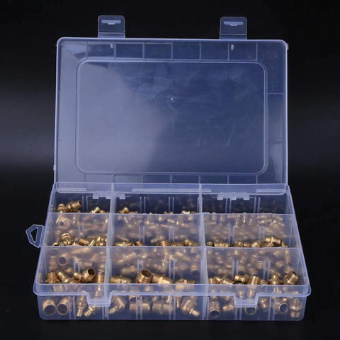 Plastic case containing 160 Piece Brass Grease Nipple Set With Zerk Fittings M6, M8 And M10 Angled 45, 90 And 180 Degrees