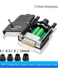 DB15 solderless two-row connector with 4 tail sleeves; black case, green terminal blocks.