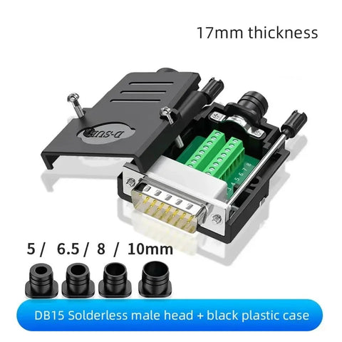 DB15 solderless two-row connector with 4 tail sleeves; black case, green terminal blocks.