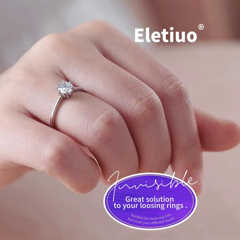 Ring Guard Set For Loose Rings 12 Pack With 3 Sizes In Golden Color Invisible Size Adjusters on finger with diamond ring