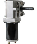 Side view of 12V electric tarp gear motor with chrome-plated housing and black cylindrical motor