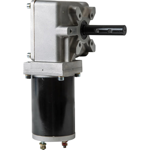 Side view of 12V electric tarp gear motor with chrome-plated housing and black cylindrical motor