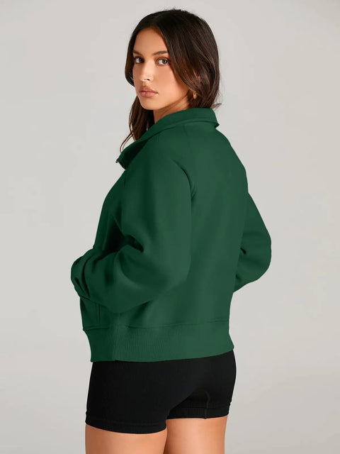 Back view of Womens Half Zip Cropped Fleece Pullover Hoodie Sweatshirt In Dark Green showing relaxed fit and cozy fabric