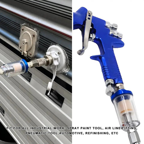 Pro Grade Water And Oil Separator Filter attached to air compressor with blue spray paint tool, 1/4 NPT filtration system visible