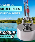Heavy Duty 3000lb 360 Degree Magnet Fishing Kit With 360 Neodymium N52 Magnets shown by a lake with carabiner attached.