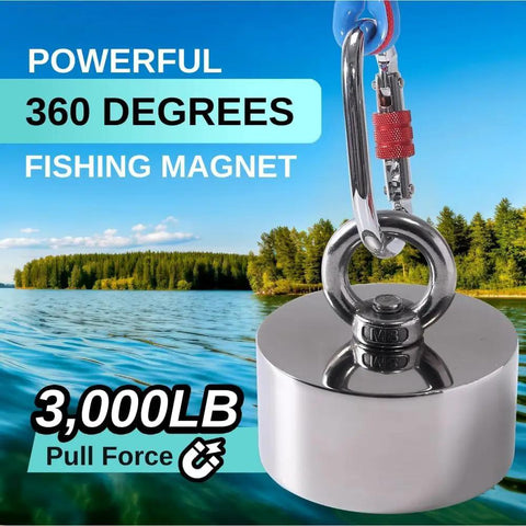 Heavy Duty 3000lb 360 Degree Magnet Fishing Kit With 360 Neodymium N52 Magnets shown by a lake with carabiner attached.