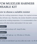VCM MUZZLER HARNESS DISABLE KIT guide detailing resistor selection for optimal function and troubleshooting options.