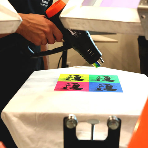 Beast Mode Heavy Duty Dual Temperature Heat Gun For Screen Printing Vinyl Shrink Wrap And Epoxy Resin Drying With Straight Blast Airflow For Quick Home Crafts And Pro Projects, curing prints on T-shirt.