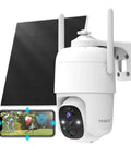 Wireless Outdoor Security Camera with Solar Power, 2K Video, 360 Degree PTZ, PIR Motion Detection displayed with solar panel and app