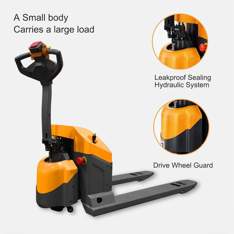 Apollo 4400 Lbs Capacity Electric Pallet Jack With 48 X 27 Forks, featuring ergonomic handle and compact design for tight spaces.
