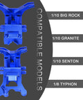 Front And Rear Upper Gearbox Covers And Shock Tower Upgrade Set For Arrma 1 By 10 And 1 By 8 Scale Big Rock Granite Senton Typhon V3 3S BLX Mega Aluminum Alloy Blue Replacement ARA 1082, shown with compatible models 1/10 Big Rock, Granite, Senton, 1/8 Typhon