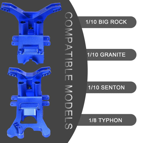 Front And Rear Upper Gearbox Covers And Shock Tower Upgrade Set For Arrma 1 By 10 And 1 By 8 Scale Big Rock Granite Senton Typhon V3 3S BLX Mega Aluminum Alloy Blue Replacement ARA 1082, shown with compatible models 1/10 Big Rock, Granite, Senton, 1/8 Typhon