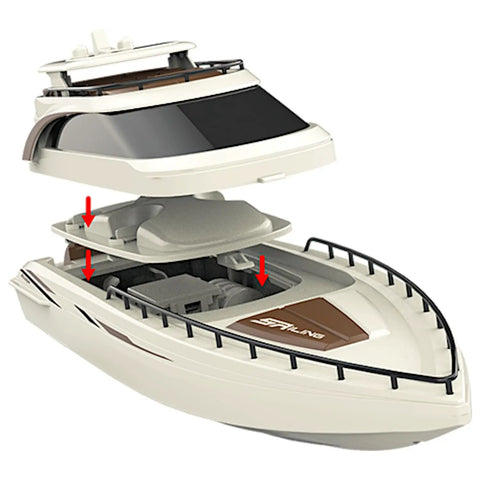 Dope Modern Yacht RC Boat One To Twenty Eight Scale With 2.4GHz Remote showing interior parts and detailed deck design.