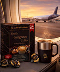 Liquid Coffee Pods For Premium Single Serve Coffee Ready In Seconds Machine Free And Eco Friendly Ideal For Cold Brew Iced And Hot Coffee Rich Arabica Medium Roast With Frother 24 Count Barista Level Flavor At Home box and mug near airplane window.