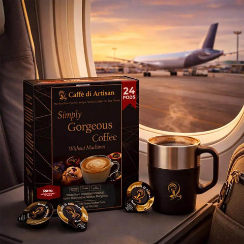 Liquid Coffee Pods For Premium Single Serve Coffee Ready In Seconds Machine Free And Eco Friendly Ideal For Cold Brew Iced And Hot Coffee Rich Arabica Medium Roast With Frother 24 Count Barista Level Flavor At Home box and mug near airplane window.